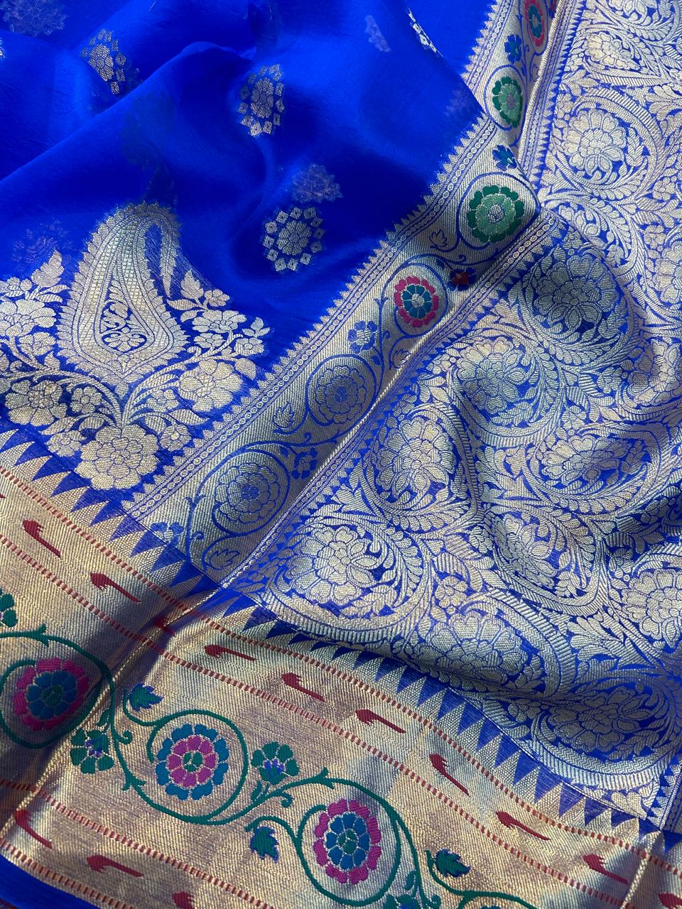 Pure Kora Silk Saree : Gold Zari & Meenakari Border