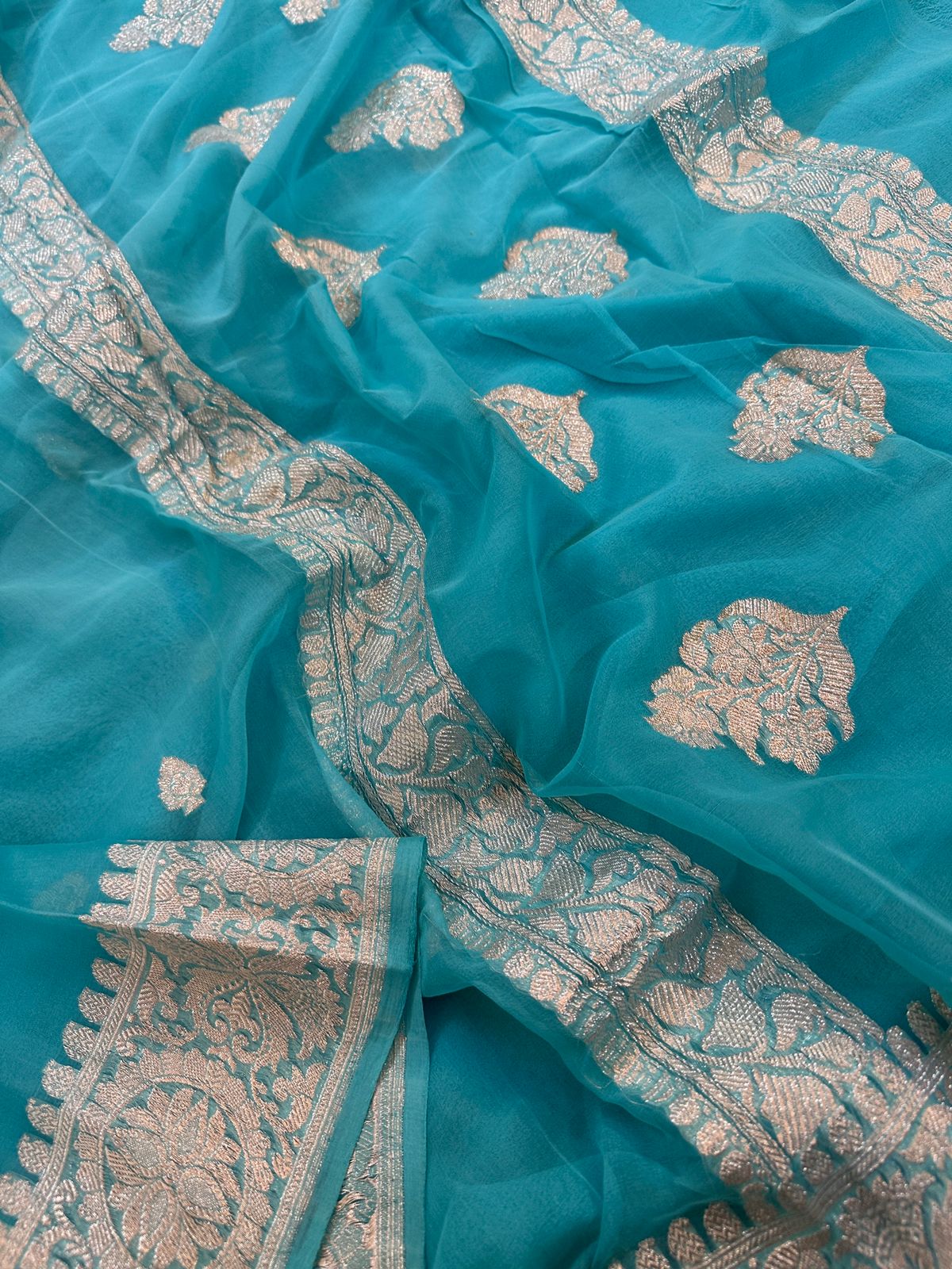 Pure Chiffon Khaddi Silk Saree : Antique Silver Zari