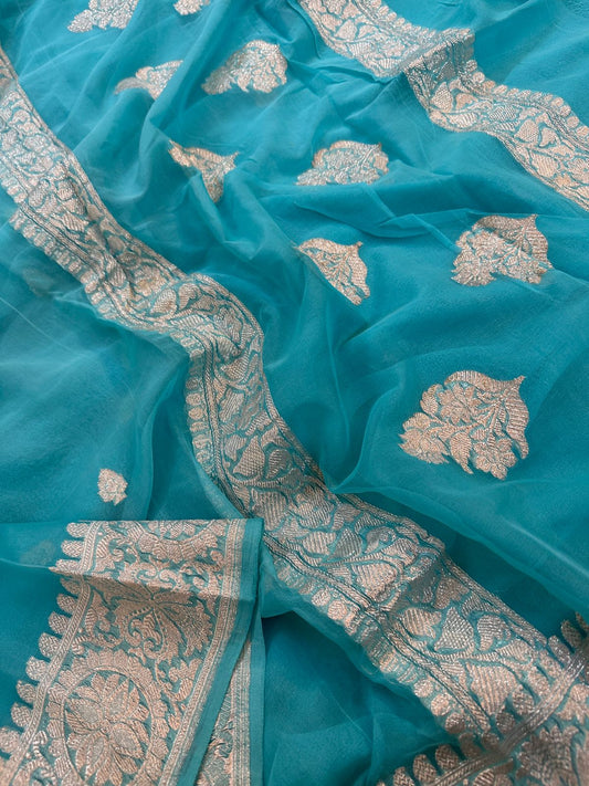 Pure Chiffon Khaddi Silk Saree : Antique Silver Zari