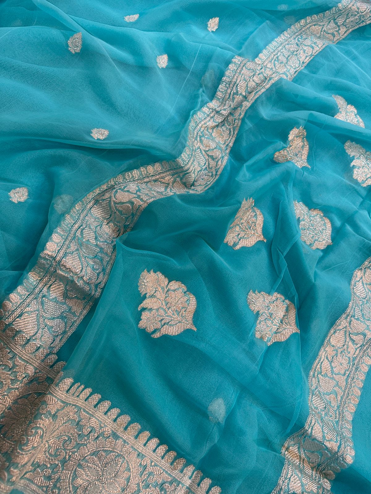 Pure Chiffon Khaddi Silk Saree : Antique Silver Zari