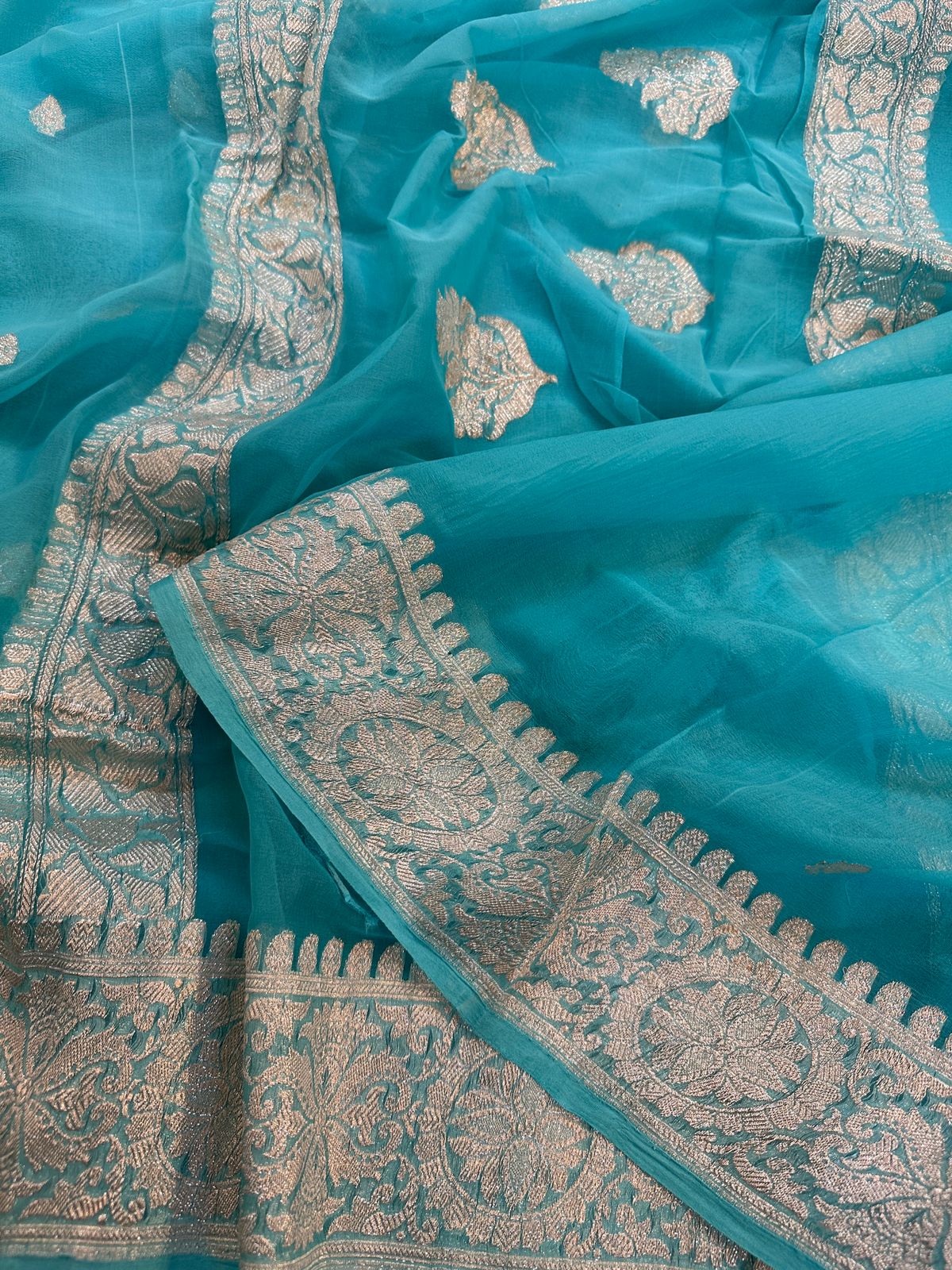 Pure Chiffon Khaddi Silk Saree : Antique Silver Zari