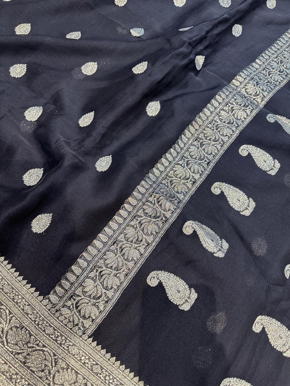 Pure Chiffon Silk Saree : Antique Silver Zari