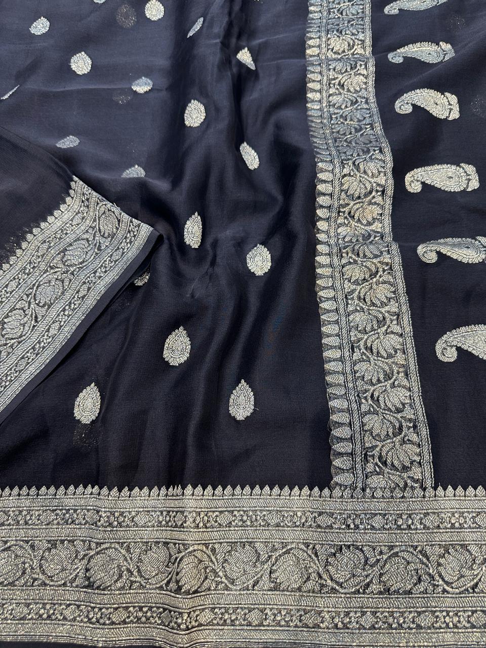 Pure Chiffon Silk Saree : Antique Silver Zari