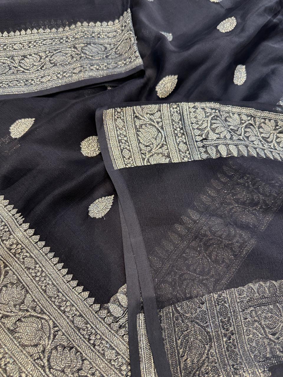 Pure Chiffon Silk Saree : Antique Silver Zari