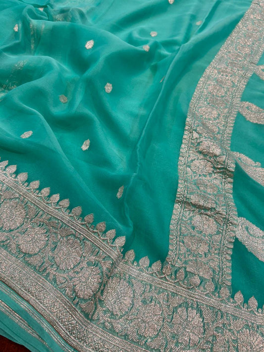 Pure Chiffon Silk Saree : Antique Silver Zari