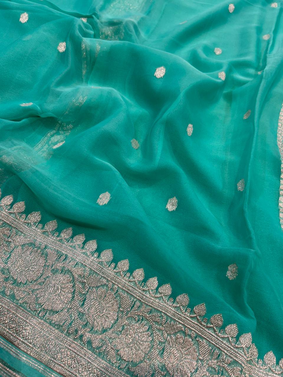 Pure Chiffon Silk Saree : Antique Silver Zari