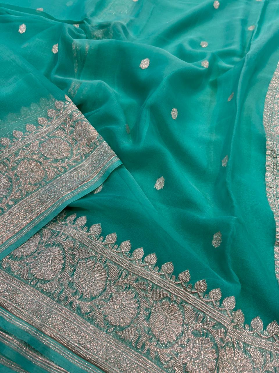 Pure Chiffon Silk Saree : Antique Silver Zari